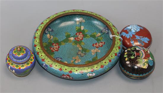 A Chinese cloisonne enamel bowl, two boxes and a jar and cover